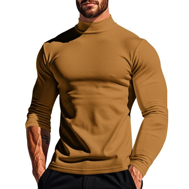 Men's Plush Long Sleeve T-shirt | Half High Collar | Solid Color | Warm & Soft | Regular Fit | Pullover Style | Apparel & Accessories