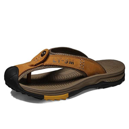 Men's Non-Slip Beach Slippers | Wear-Resistant Sandals | Anti-Collision Toe Cap | Durable Leather Upper | Rugged Rubber Outsole | Great Traction & Durability