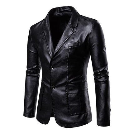 Men's Vintage Style Blazer | Two Button PU Leather Jacket | Slim Fit | Single Breasted | Classic Lapel | Stylish Outerwear | Fashion Forward | High Quality Craftsmanship | Versatile & Durable