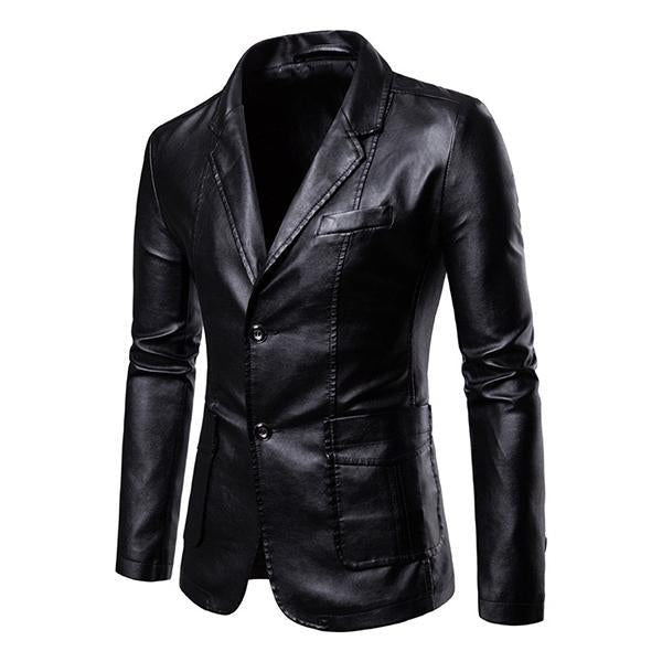 Men's Vintage Style Blazer | Two Button PU Leather Jacket | Slim Fit | Single Breasted | Classic Lapel | Stylish Outerwear | Fashion Forward | High Quality Craftsmanship | Versatile & Durable