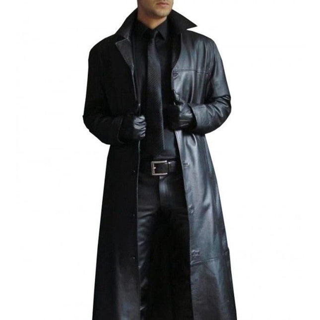 Men's Leather Trench Coat | Vintage Solid Color | Tailored Long Lapel | Classic Elegant Outerwear | Durable Timeless Design for Fall & Winter | Versatile Formal & Casual Wear | Warm Stylish Jacket