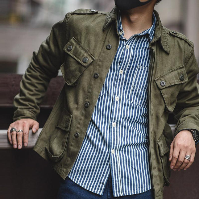 Men's Vintage Biker Jacket | Multi Pocket Cargo Style | Casual Lapel Collar | Polyester Blend | Long Sleeve | Moderate Thickness | Plain Pattern | Four Seasons | Ideal for Travel & Outdoor