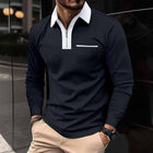 Men's Long Sleeve Polo Shirt | Color Block Design | Pocket Detail | Soft Cotton Blend | Buttoned Placket