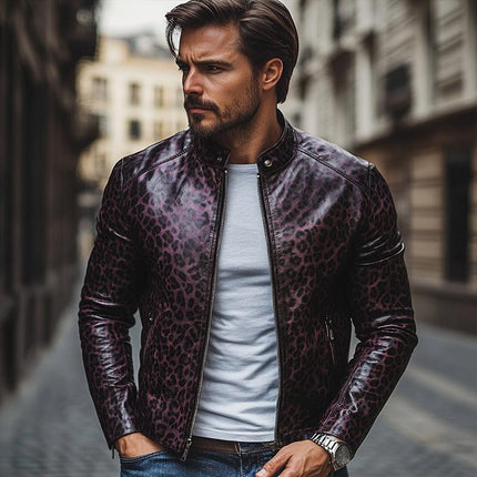 Men's Leopard Print Stand Collar Slim Fit Leather Jacket | Fashion Zipper Outerwear | Bold Design | Premium Leather | Casual & Semi-Formal Style | Statement-Making Jacket | Comfortable & Durable