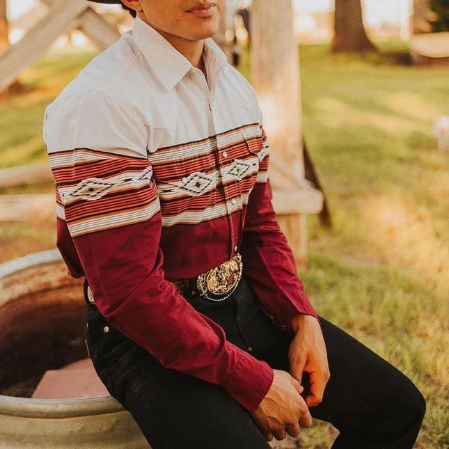 Men's Western Style Denim Print Shirt | Lapel Collar | Long Sleeve | Smart-Casual | High-Quality Fabric | Versatile Colors | Modern Fashionable Design | Multiple Size Options