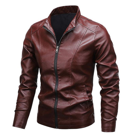 Men's Black Leather Jacket | Stand Collar | Long Sleeve | Zipper Closure | Side Seam Pockets | Handcrafted Quality | Casual Street Style | Charismatic & Trendy