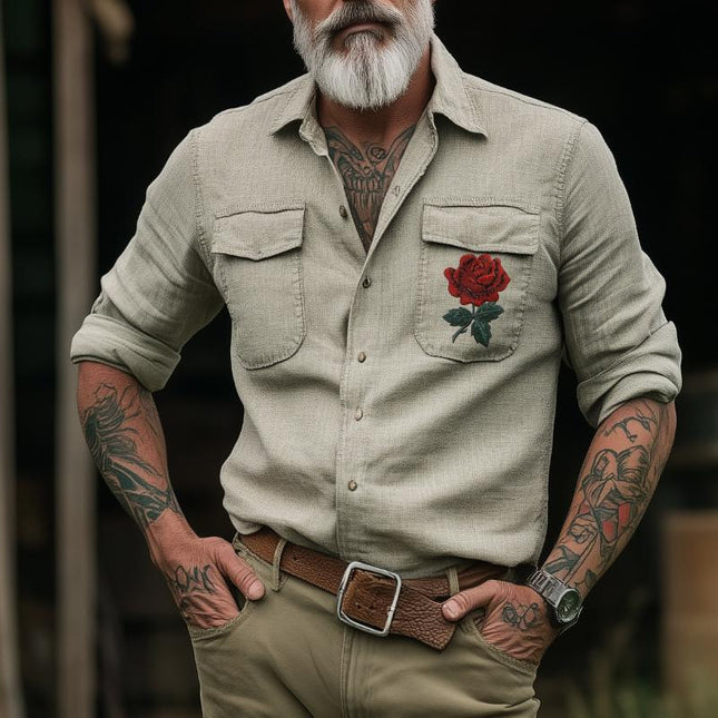 Men's Western Cowboy Shirt | Retro Embroidered Design | Long Sleeve | Lapel Collar | Blended Fabric | Regular Fit | All Seasons | Versatile Style | Multiple Sizes Available