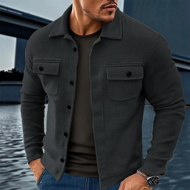 Men's Vintage Waffle Texture Jacket | Lapel Collar | Long Sleeve | Breathable Durable Fabric | Solid Colors Black, Dark Grey, Olive Green, Navy Blue | Classic Retro Style | Sizes S to 3XL