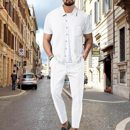 Men's Casual Two-Piece Outfit | Waffle Knit Set | Short Sleeve Shirt & Pants | Solid Color | Elastic Waist | Breathable Fabric | Side Pockets | Comfortable Loungewear | Ideal for Travel & Everyday Wear