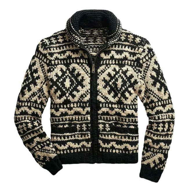 Men's Vintage Lapel Jacquard Knit Cardigan | Winter Outerwear | Cotton Blend | Long Sleeve | Straight Fit | Ribbed Hem | Fashionable Jacket | Casual Leisure Style | Jacquard Pattern | Retro Modern Look