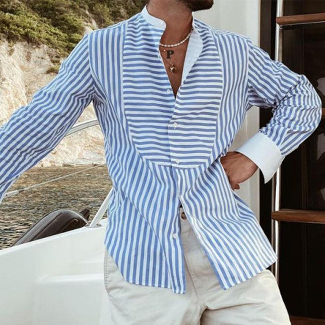 Men's Casual Long Sleeve Striped Shirt | Slim Fit Cotton Linen Blend | Irregular Stitching | Lapel Collar | Lightweight Machine Washable