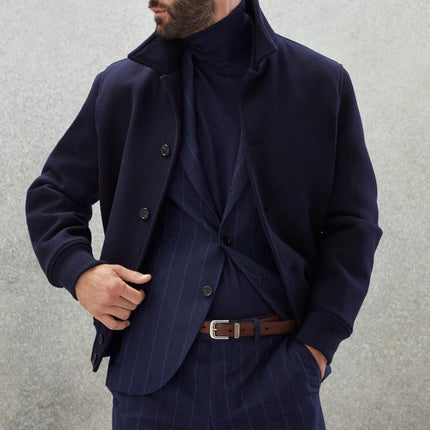 Men's Wool Blend Bomber Jacket | Casual Stand Collar | Single Breasted | Versatile Outerwear for Various Occasions | Stylish Ribbed Cuffs and Waistband | Warm and Fashionable | Perfect for Transitional Weather