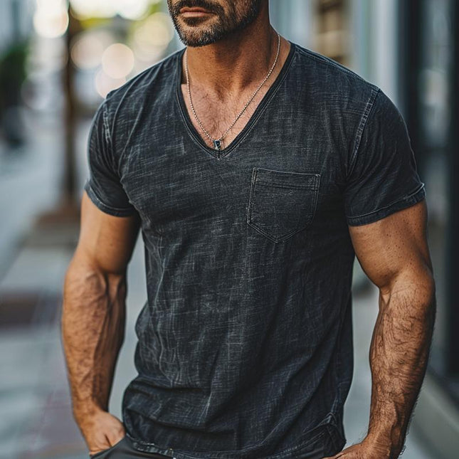 Men's Casual V-neck T-shirt | Heavy Duty Washed Distressed Design | Short Sleeve | Cotton Blend Fabric | Stylish and Comfortable | Versatile Wardrobe Essential | Perfect for Everyday Wear
