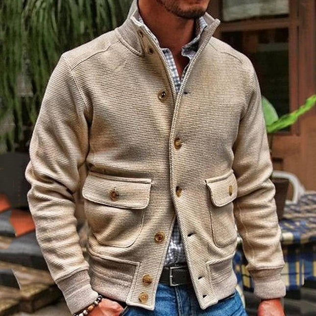 Men's Stand Collar Polyester Jacket | Solid Color | Single-breasted | Two Flap Waist Pockets | Machine Washable | Autumn Winter Spring | Street Beat Casual Biker Style