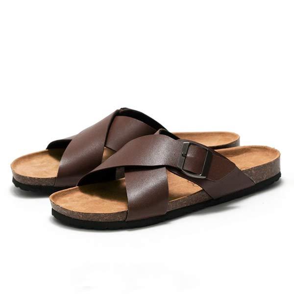 Men's Cross Strap Sandals | Soft Leather Upper | Cork Midsole | Slip-On Style | Durable EVA Outsole | Ideal for Summer Activities