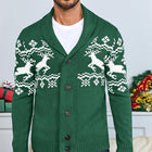 Men's Elk Jacquard Knit Cardigan | Shawl Collar | Long Sleeve | Ribbed Cuffs | Soft Warm Durable Knit | Open-Front Design | Versatile Layering Piece | Fall Winter Wardrobe Essential
