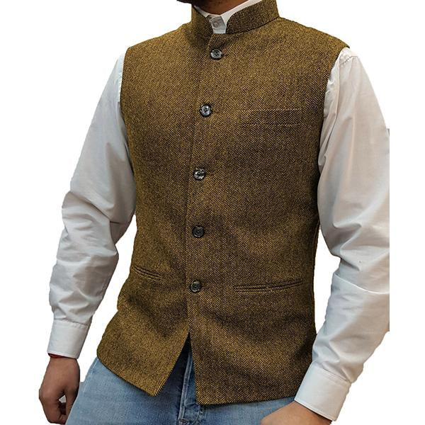 Men's Tweed Herringbone Vest | Stand Collar | Single Breasted | Elegant Vintage Style | Handmade | Soft High-Quality Fabric | Three Slip Pockets | Sophisticated Masculine Design | Formal or Casual Wear