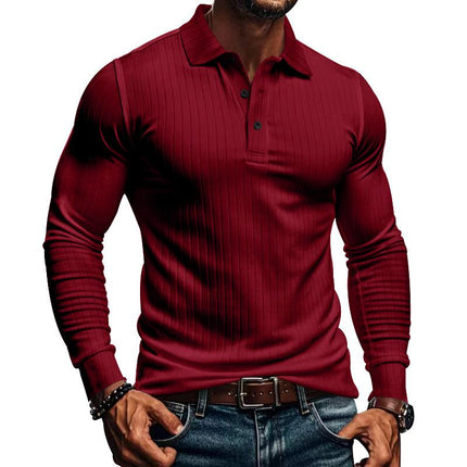 Men's Long Sleeve Polo Shirt | Casual Elastic Fit | Stretchy Fabric | Full-Length Sleeves | Classic Polo Collar | Button Placket | Available in Navy, Black, Gray, White, Burgundy | Comfortable & Versatile