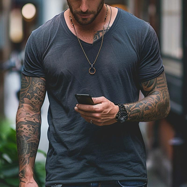 Men's Vintage-Inspired Distressed T-Shirt | V-Neck | Short Sleeve | Casual Style | Soft Fabric Blend | Comfortable Fit | Available in Multiple Sizes | Perfect for Layering or Standalone Wear