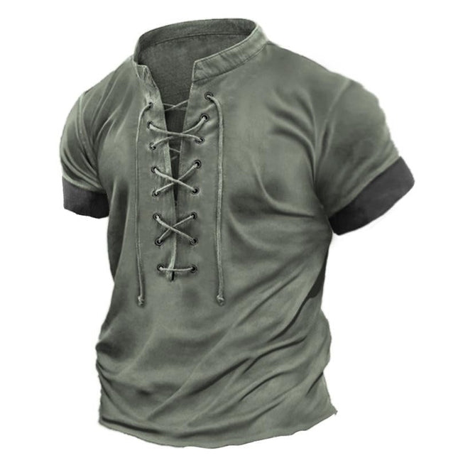 Men's Vintage Lace Up T-Shirt | Colorblock Short Sleeve | Casual Stylish Top | Breathable Fabric | Versatile Fit | Perfect for Spring & Summer | Available in Various Sizes