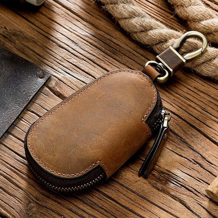 Vintage Cowhide Leather Key Bag | Premium Soft Texture | Durable with Solid Zipper | Luxurious Retro Finish | Slim Holder for Multiple Keys | Stylish Keyholder for Travel & Everyday Use
