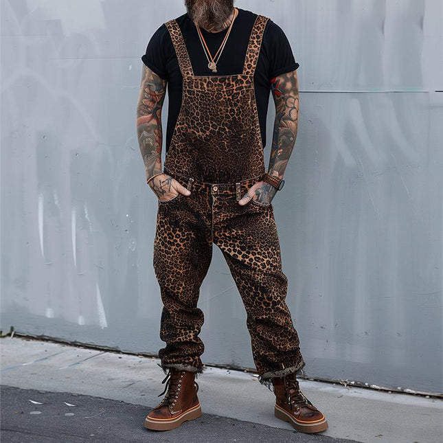 Men's Overalls | Retro Leopard Print | Casual Style | Straight Leg | Blended Fabric | Long Pants | Comfortable Fit | All Seasons | Versatile Fashion