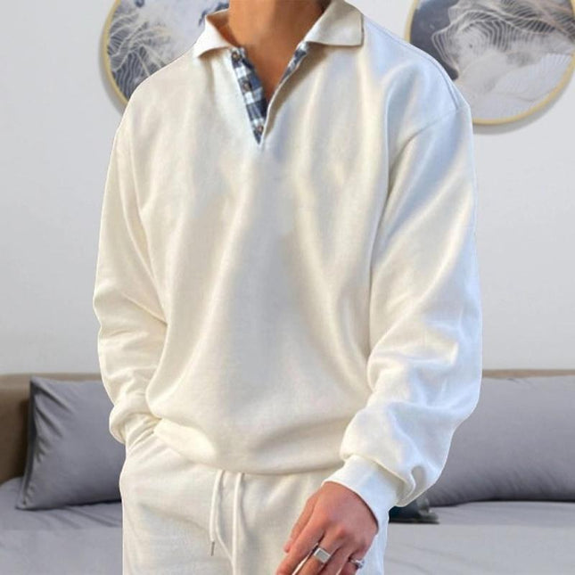 Men's Casual Loose Fit Sweatshirt | Long Sleeve V-Neck Plaid Stitching | Polyester Blend | Micro Elastic | Perfect for Spring and Autumn | Daily Wear Sports Outings | Street Urban Style