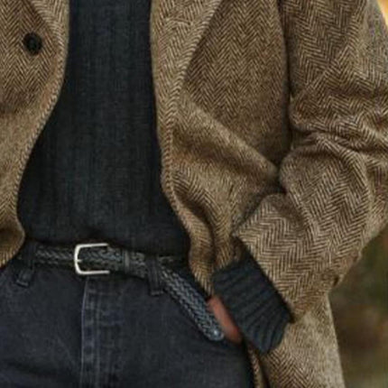 Men's Vintage Herringbone Coat | Mid-Length Wool Blend | Classic Notch Lapel | Buttoned Cuffs | Formal & Casual Wear | Charcoal Gray Navy Blue Black | Sizes S-3XL | Two Front Pockets | Single-Breasted