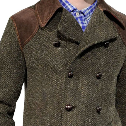 Vintage Herringbone Wool Suede Patchwork Coat | Double-Breasted Jacket | Men's Outerwear | Casual Winter Blazer | Elegant Buttoned Design | Sophisticated Fashion | Warm Luxury Textures | Unique Textured Details | Versatile Style