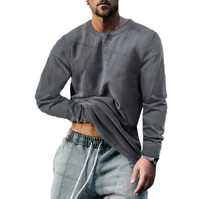 Men's Vintage Long Sleeve Henley T-Shirt | Solid Color Casual Shirt | Classic Retro Style | Regular Fit Comfortable All-Day Wear | Stylish Unique Dye | Timeless Cool Season Wear | Versatile Men's Top