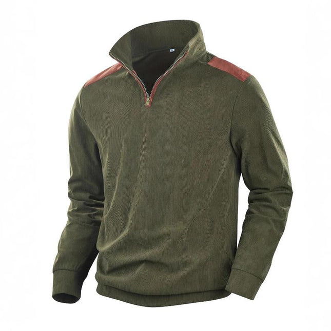 Men's Sweatshirt | Vintage Patchwork Design | Stand Collar | Long Sleeve | Soft Cotton Blend | Earthy Tones | Casual & Semi-Formal | Relaxed Fit | Retro Style | Unique Detailing | Versatile Layering
