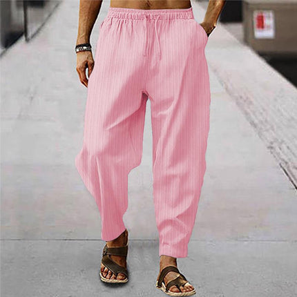 Men's Loose Fit Striped Trousers | Breathable Cotton Linen Blend | Casual Sports Pants | Elastic Drawstring Waistband | Stylish Comfortable Design | Ideal for Everyday Wear