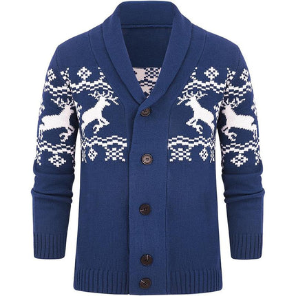 Men's Elk Jacquard Knit Cardigan | Shawl Collar | Long Sleeve | Ribbed Cuffs | Soft Warm Durable Knit | Open-Front Design | Versatile Layering Piece | Fall Winter Wardrobe Essential