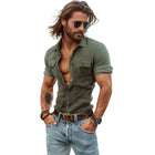 Men's Short Sleeve Dress Shirt | Pleated Solid Color Design | Double Chest Pockets | Classic Collar | Casual Comfortable Fit | High-Quality Breathable Fabric