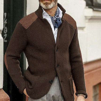 Men's Vintage Knitted Blazer | Stand Collar | Patchwork Detail | Slim Fit | Long Sleeve | Elegant Outerwear | Classic Style