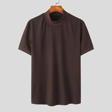 Men's Slim Fit Half Turtleneck Knitted Short Sleeve Tee | Solid Color | Lightweight Layering Top | Comfortable and Stylish | Semi-Formal and Casual Wear | Fall and Winter Fashion