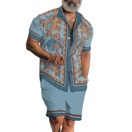 Men's Vintage Two-Piece Set | Lapel Collar Short Sleeve Top | Polyester Printed Shorts | Spring Summer Fashion | Breathable Anti-Wrinkle Suit | Comfortable Fit | Button Closure | Multiple Sizes