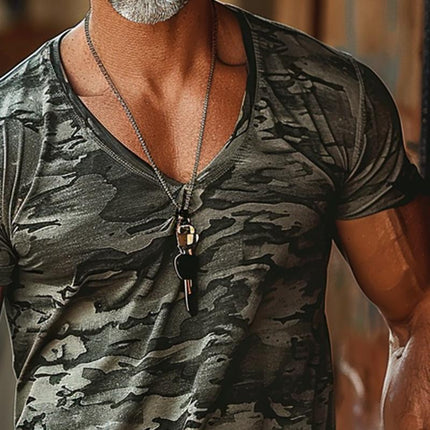 Men's Camouflage Print T-Shirt | V-Neck | Short Sleeve | Durable Fabric | Stylish & Comfortable | Perfect for Layering | Available in Multiple Sizes