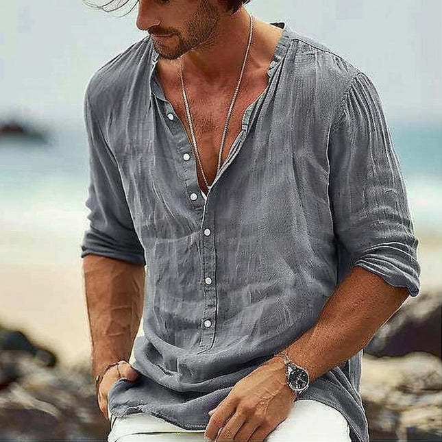 Men's Cotton Linen Shirt | Stand Collar | Long Sleeve Pullover | Casual Relaxed Fit | Breathable Comfort | Versatile Style | Easy Care | Perfect for Everyday Wear | Various Sizes Available