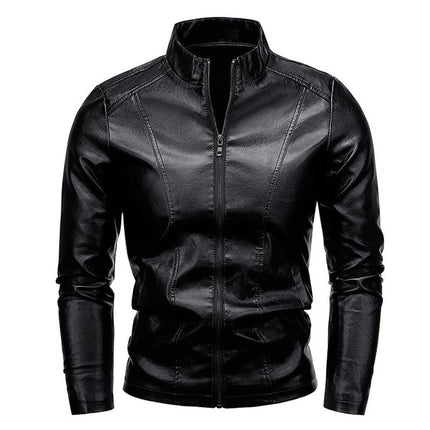 Men's Black Leather Jacket | Stand Collar | Long Sleeve | Zipper Closure | Side Seam Pockets | Handcrafted Quality | Casual Street Style | Charismatic & Trendy