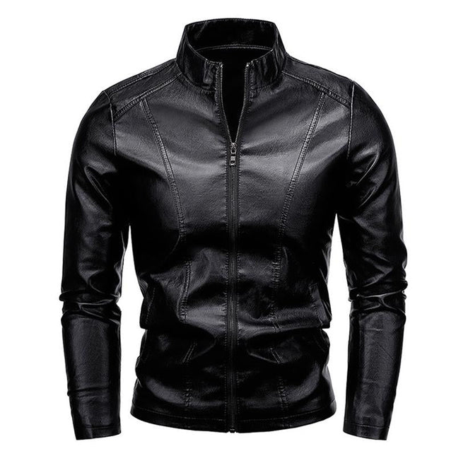 Men's Black Leather Jacket | Stand Collar | Long Sleeve | Zipper Closure | Side Seam Pockets | Handcrafted Quality | Casual Street Style | Charismatic & Trendy