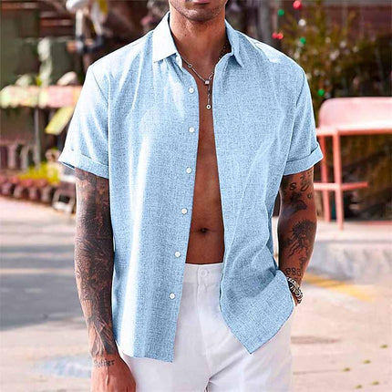 Men's Short Sleeve Shirt | Cotton Linen Blend | Solid Color | Lapel Collar | Breathable Summer Apparel | Casual Wear | Versatile Wardrobe Essential