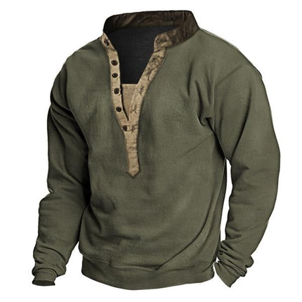 Men's Long Sleeve Vintage Style T-Shirt | Cotton Blend | V-Neck | Button Design | Loose Fit | Pullover | Suitable for Work & Outdoor Activities | Available in Army Green, Gray, Tan | Machine Washable