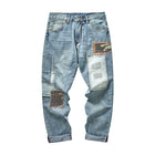 Men's Jeans | Patchwork Embroidery | Regular Fit | Full Length | Durable Cotton-Blend Denim | Distressed Vintage Look | Classic Five-Pocket | Casual Streetwear Style | Comfortable Artistic Fashion