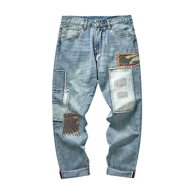 Men's Jeans | Patchwork Embroidery | Regular Fit | Full Length | Durable Cotton-Blend Denim | Distressed Vintage Look | Classic Five-Pocket | Casual Streetwear Style | Comfortable Artistic Fashion