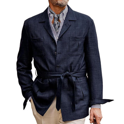 Men's Cotton Linen Blazer | Solid Color | Multi Pocket | Button Closure | Vintage Classic Style | Belted Waistband | Two Chest Pockets | Two Hand Pockets | Full Sleeves | Formal or Smart-Casual Wear | Breathable Comfort