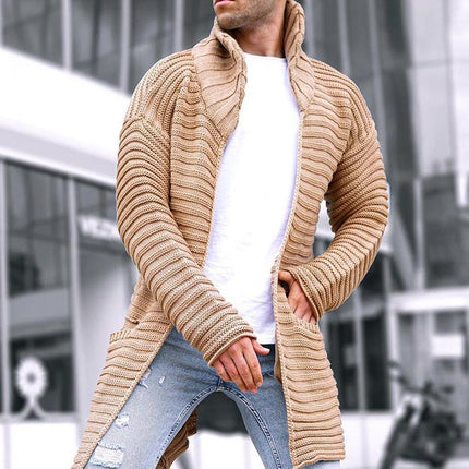 Men's Knit Cardigan | Solid Stand Collar | Mid-Length Design | High-Quality Knit Fabric | Two Hand Pockets | Variety of Solid Colors | Comfortable Tailored Fit | Versatile for Formal & Casual Occasions