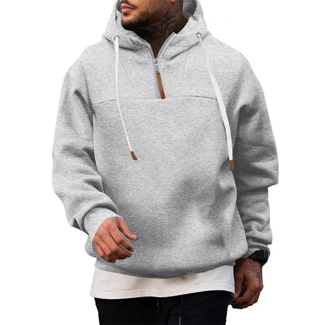 Men's Zipper Collar Patchwork Hoodie | Casual Loose Fit Pullover | Breathable Comfort | Modern Stylish Design | Kangaroo Pocket | Adjustable Hood | Ideal for Layering | Versatile Outdoor & Indoor Wear
