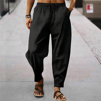 Men's Loose Fit Striped Trousers | Breathable Cotton Linen Blend | Casual Sports Pants | Elastic Drawstring Waistband | Stylish Comfortable Design | Ideal for Everyday Wear