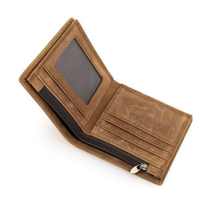 Premium Leather Wallet | Vintage Style | Compact & Lightweight | 3 Card Slots | 1 Zipper Pocket | Transparant ID Window | 2 Bill Pockets | Sleek Retro Design | Durable | Handmade Craftsmanship